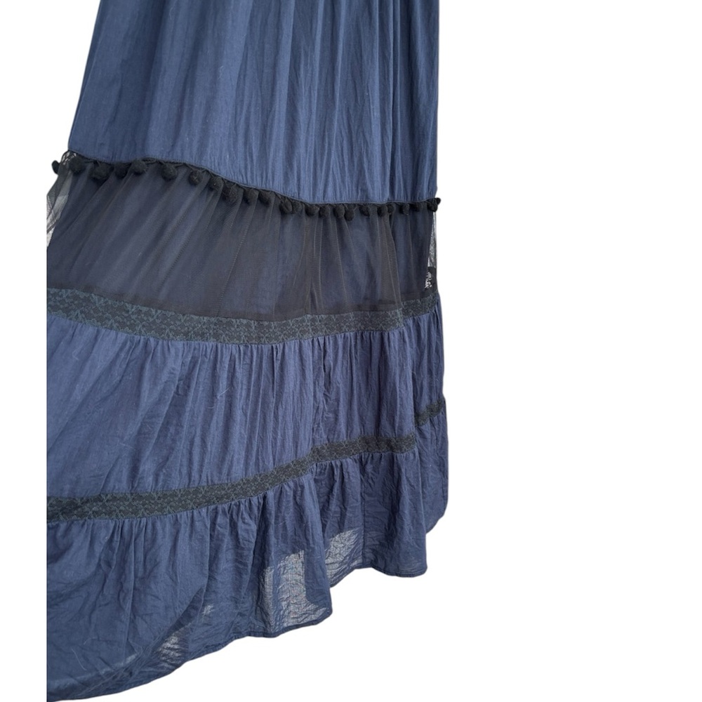 Elegant Maxi Dress Sleeveless Navy Blue Black Pom Lace Embroidered Size Large - Picture 9 of 17